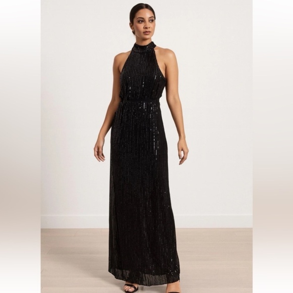 Vintage Cachet Black Sequin Mesh Cutout Waist Maxi NYE FormalEvening Dress 14